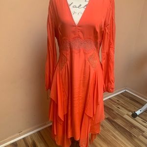 Red silk dress with lace detailing